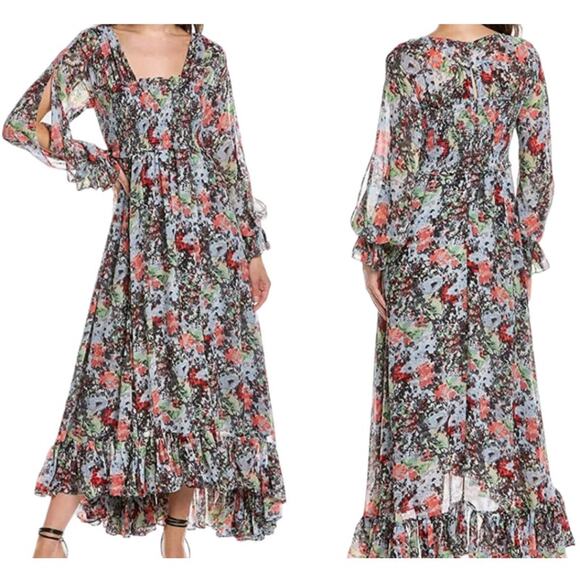Cinq à Sept NWT Leigh Floral Print Ruffle Maxi Dress Size 2 Smocked Slit Sleeve - Picture 1 of 12